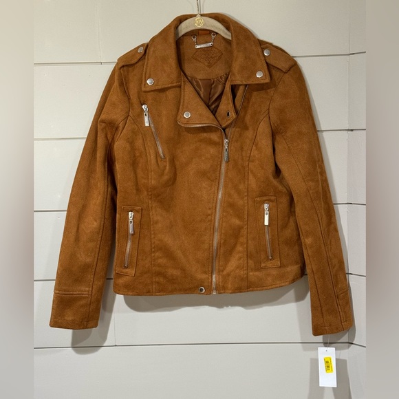 NEW Jou Jou Brandy Brown Faux-Suede Moto Jacket Size Large - Picture 2 of 12